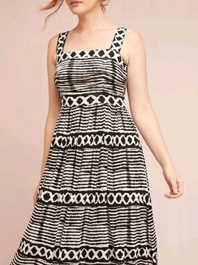 Tracy Reese Anthropologie Womens XS Black White Geometric Ruched Midi Dress